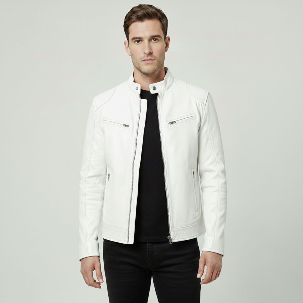 Chaqueta Hombre Cuero Sintético Cuello Alto Puños Ajustables