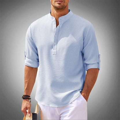 Camisa Hombre Textura Manga Larga Cuello Mao