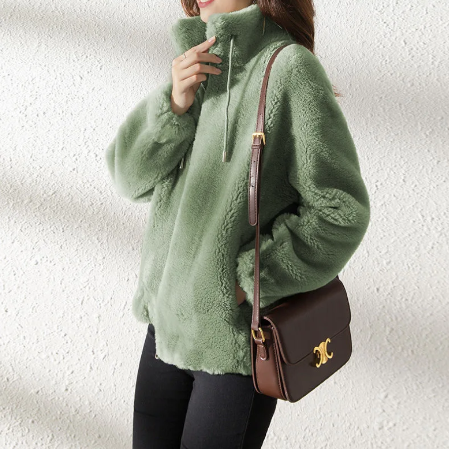 Chaqueta Mujer Teddy Cuello Alto Cremallera Moderna
