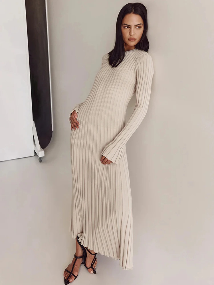 Vestido largo mujer de plumeti tejido elástico ajustado plisado