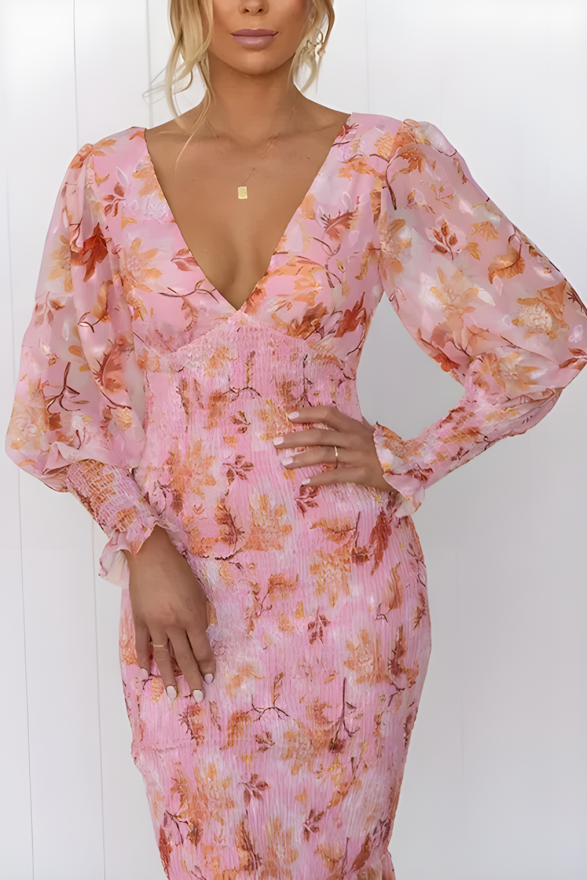 Vestido midi mujer Escote en V Mangas abullonadas