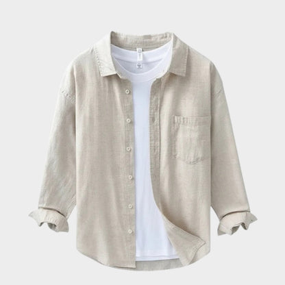 Camisa Hombre Algodón y Lino Manga Larga Cuello Solapa