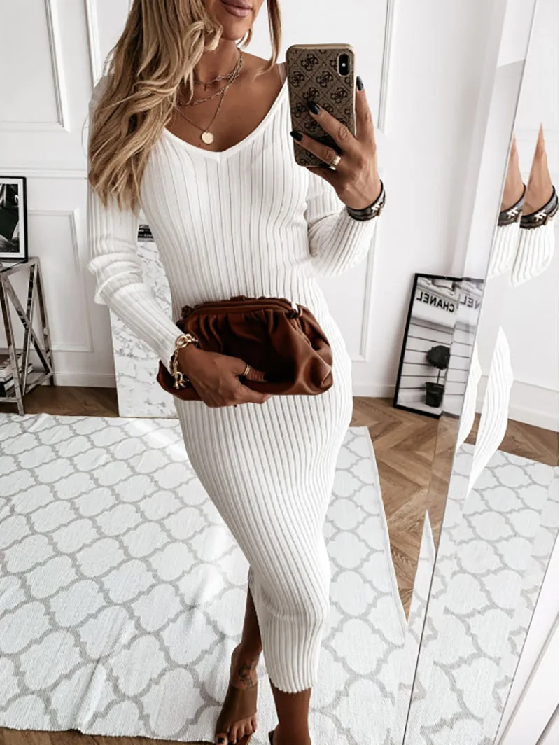 Vestido midi mujer de plumeti cuello en v manga larga