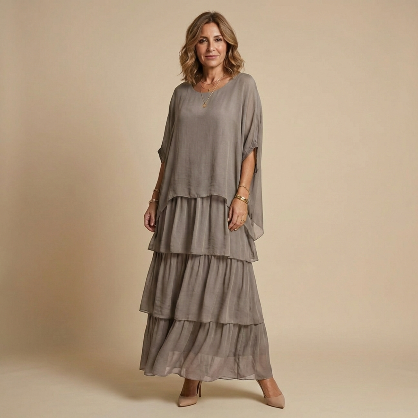 Vestido Largo Mujer Fluido en Capas Manga Suelta Corte Amplio