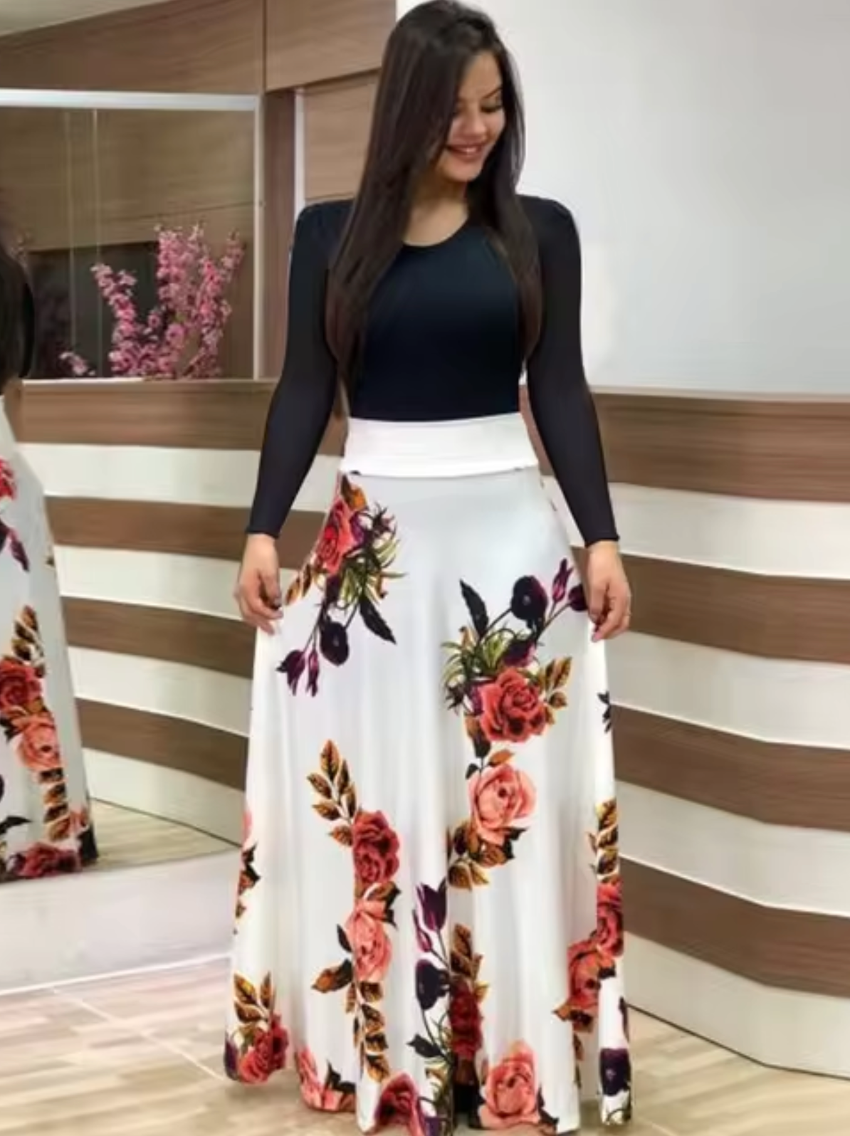 Vestido Mujer Manga Larga Estampado Floral Ajuste Regular