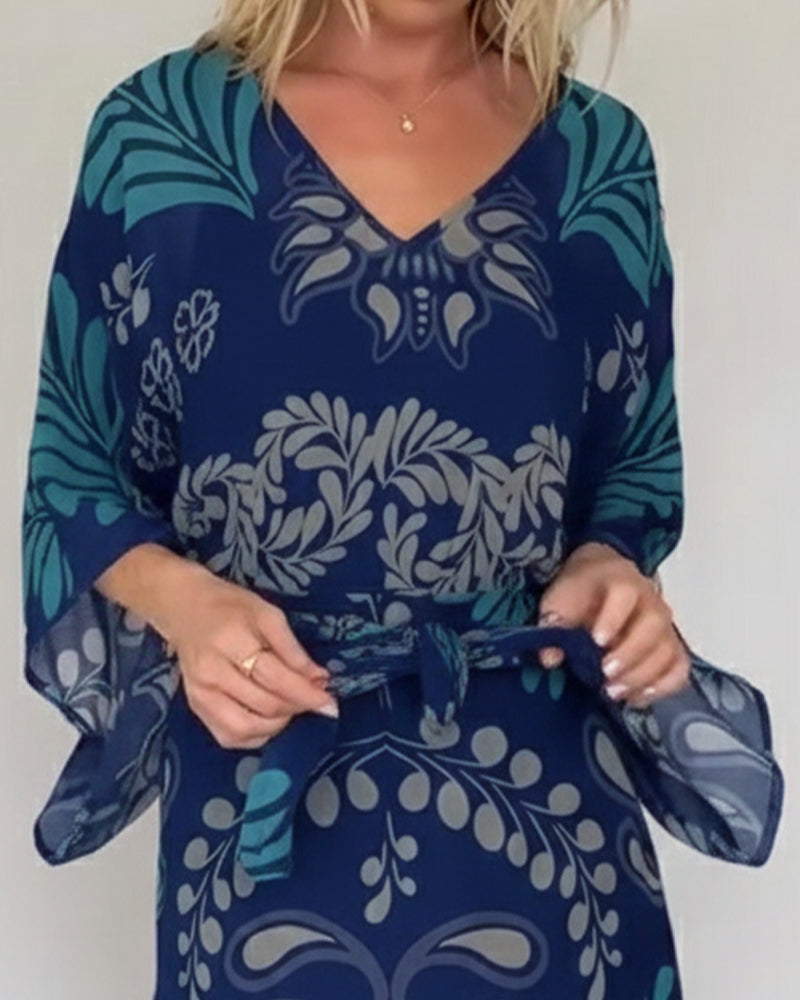 Vestido maxi mujer fluido estampado hojas estilo bohemio