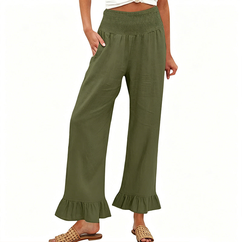Pantalón mujer algodón y lino ancho tiro alto volante boho