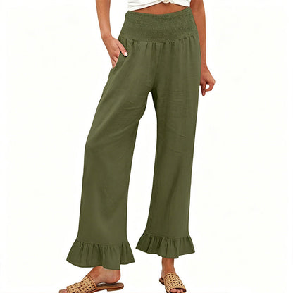 Pantalón mujer algodón y lino ancho tiro alto volante boho