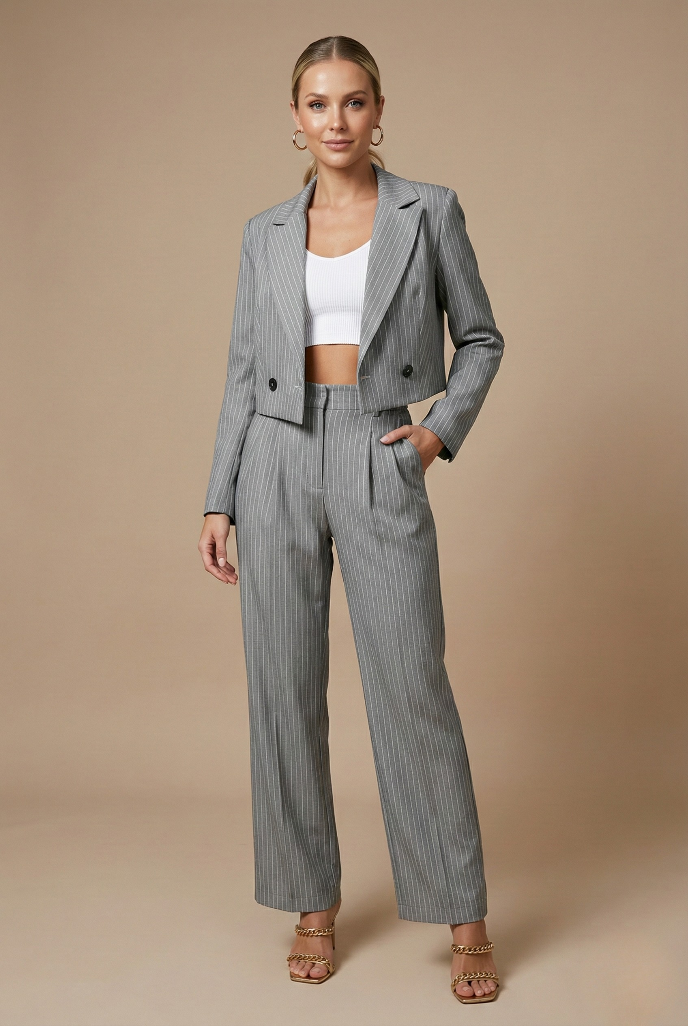 Traje Mujer Dos Piezas Lana Blazer Corto Pantalón Pata Ancha