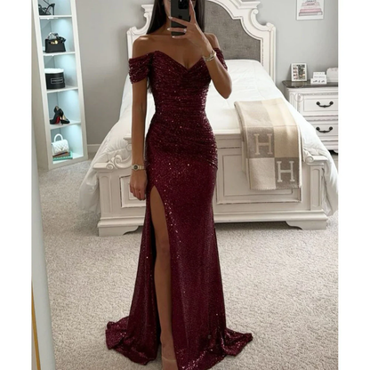 Vestido maxi Mujer de Lentejuelas Escote off-shoulder Abertura alta - Mavetta