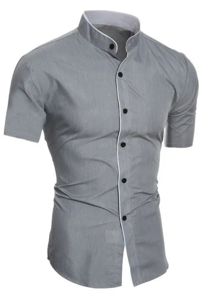 Camisa Hombre Manga Corta Algodón Ajustada Cuello Mao