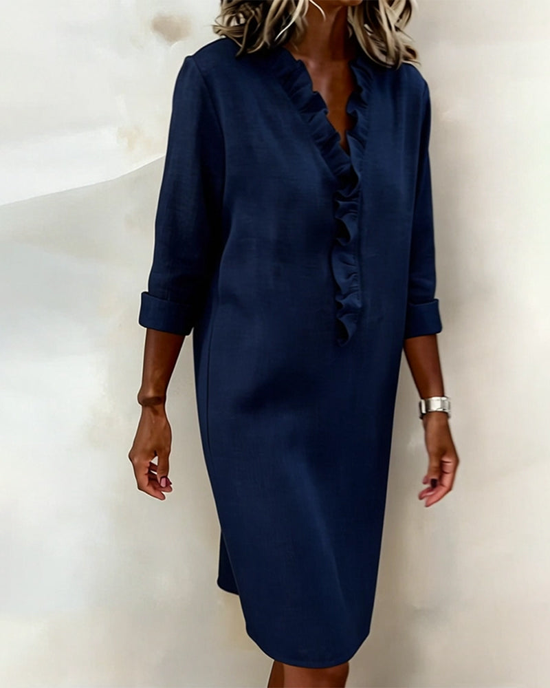 Vestido mujer lino algodón escote en V volantes casual
