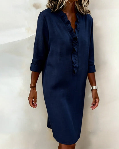 Vestido mujer lino algodón escote en V volantes casual