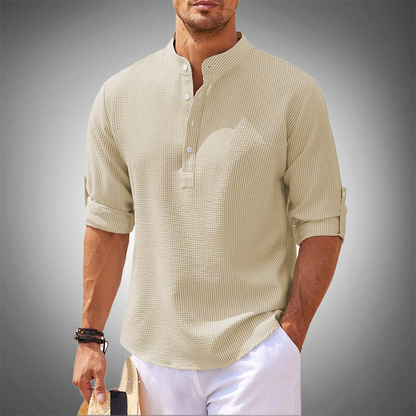 Camisa Hombre Textura Manga Larga Cuello Mao