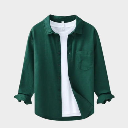 Camisa Hombre Algodón y Lino Manga Larga Cuello Solapa
