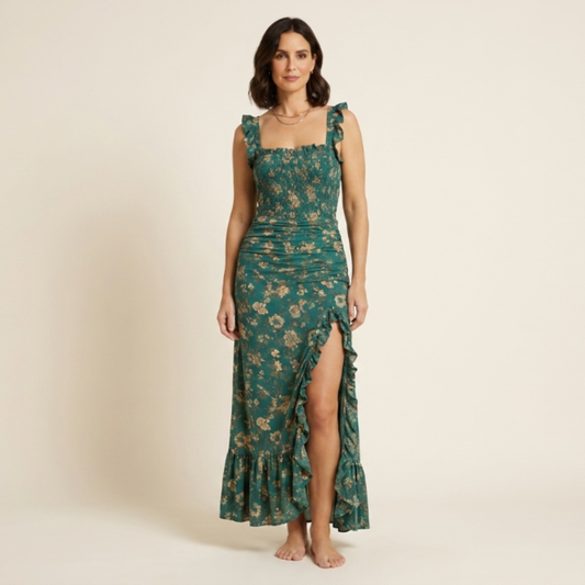 Vestido Mujer Boho Volantes Abertura Estilo Retro - Mavetta
