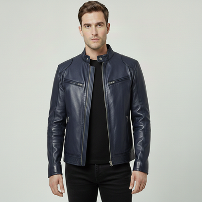 Chaqueta Hombre Cuero Sintético Cuello Alto Puños Ajustables