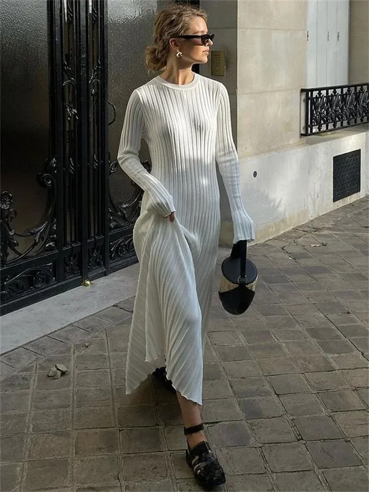 Vestido largo mujer de plumeti tejido elástico ajustado plisado