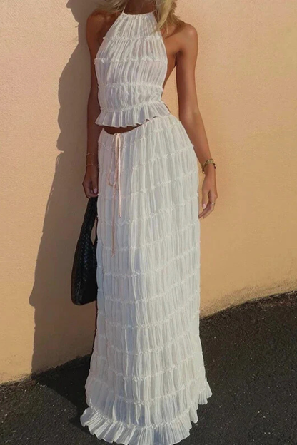 Conjunto Mujer Halter Fruncido y Falda Larga Fluida