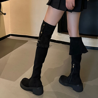 Botas Altas Mujer de Terciopelo con Botones Decorativos