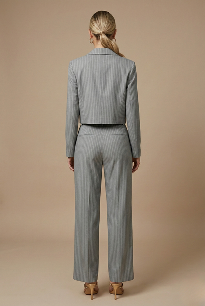 Traje Mujer Dos Piezas Lana Blazer Corto Pantalón Pata Ancha