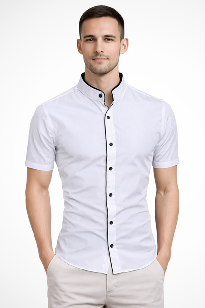 Camisa Hombre Manga Corta Algodón Ajustada Cuello Mao