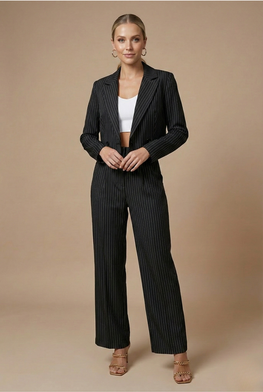 Traje Mujer Dos Piezas Lana Blazer Corto Pantalón Pata Ancha - Mavetta