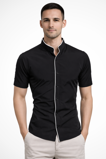 Camisa Hombre Manga Corta Algodón Ajustada Cuello Mao - Mavetta