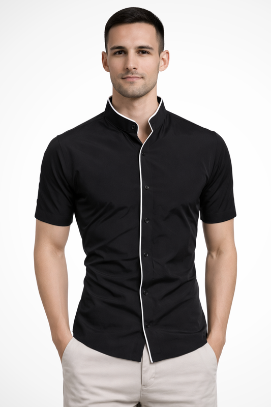 Camisa Hombre Manga Corta Algodón Ajustada Cuello Mao - Mavetta