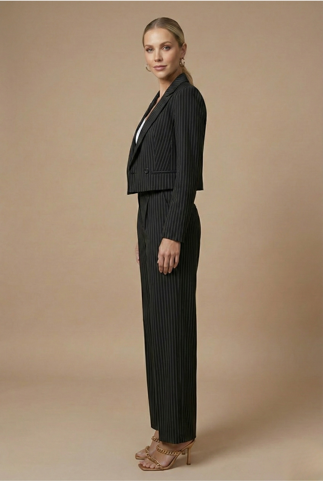 Traje Mujer Dos Piezas Lana Blazer Corto Pantalón Pata Ancha