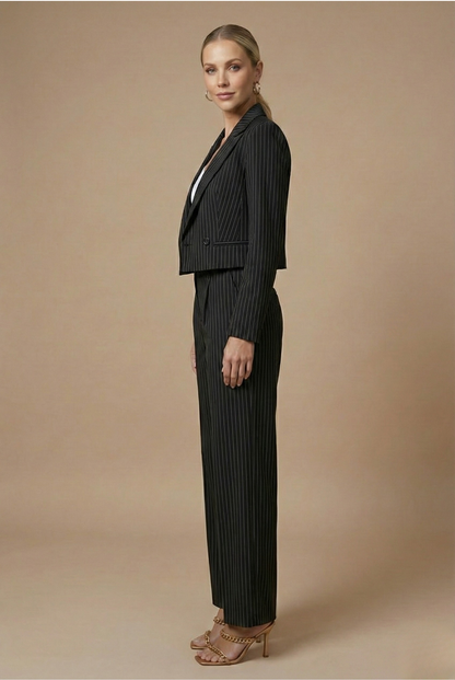 Traje Mujer Dos Piezas Lana Blazer Corto Pantalón Pata Ancha