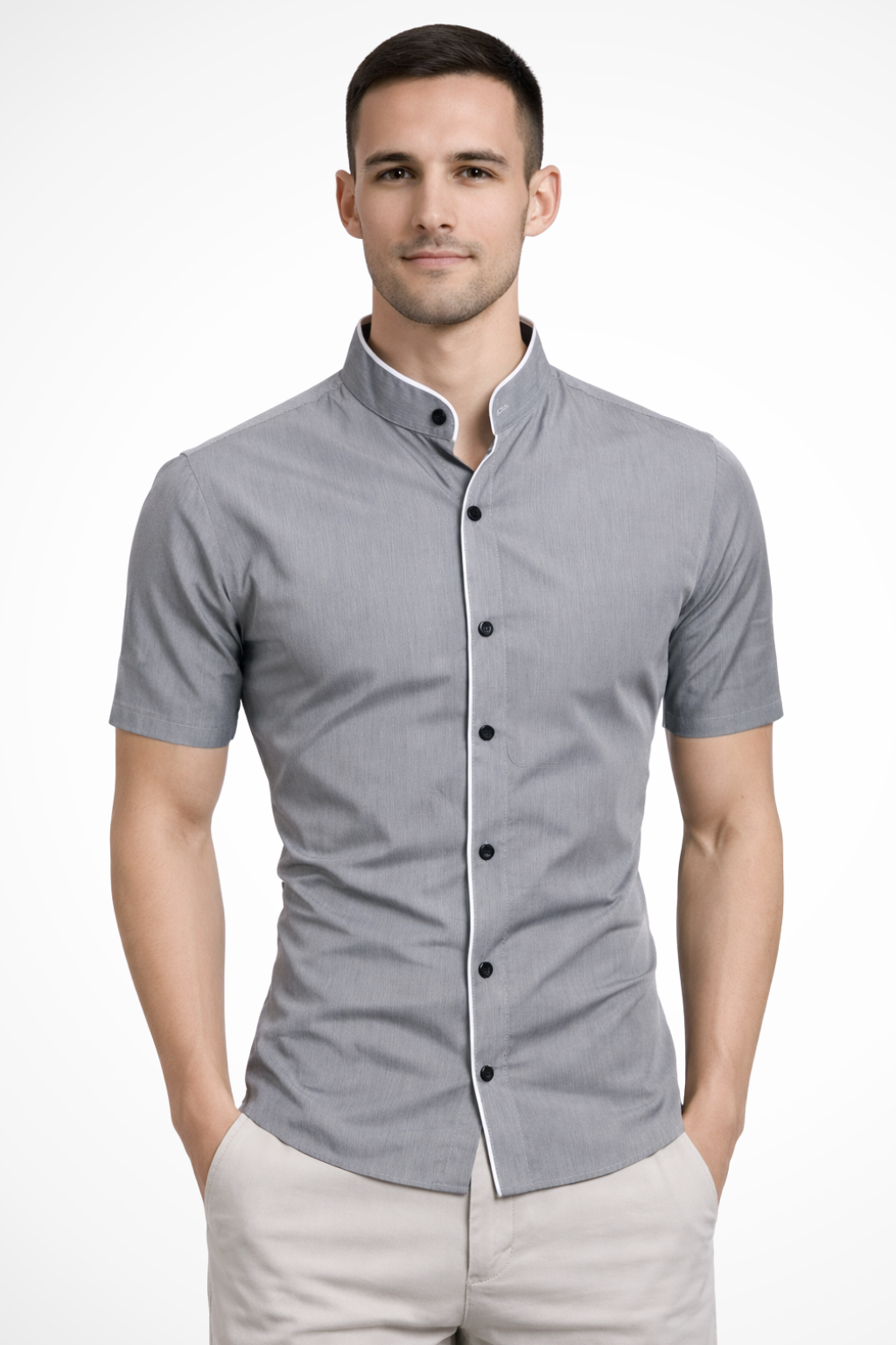 Camisa Hombre Manga Corta Algodón Ajustada Cuello Mao