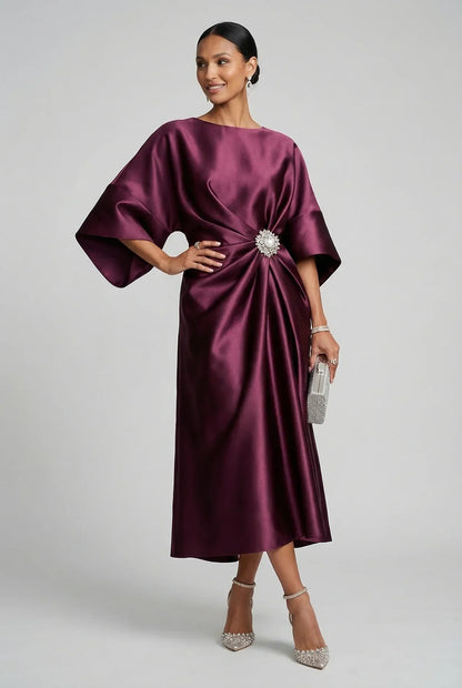 Vestido Midi Mujer de Satén Manga Murciélago Broche Joya