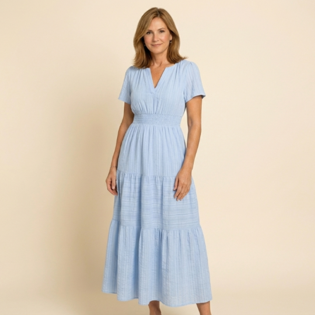 Vestido largo Mujer de lino Manga corta cuello en V - Mavetta