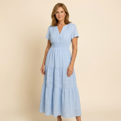 Vestido largo Mujer de lino Manga corta cuello en V - Mavetta