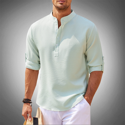 Camisa Hombre Textura Manga Larga Cuello Mao
