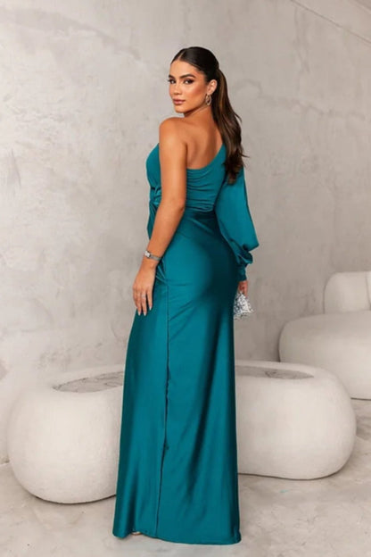 Vestido Mujer Satinado Manga Asimétrica
