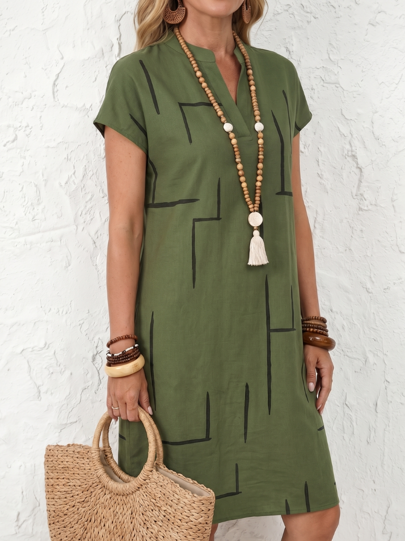 Vestido midi mujer algodón lino escote en V casual verano