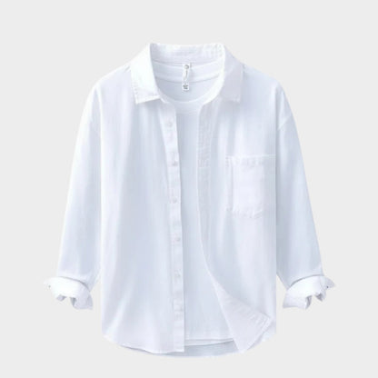 Camisa Hombre Algodón y Lino Manga Larga Cuello Solapa