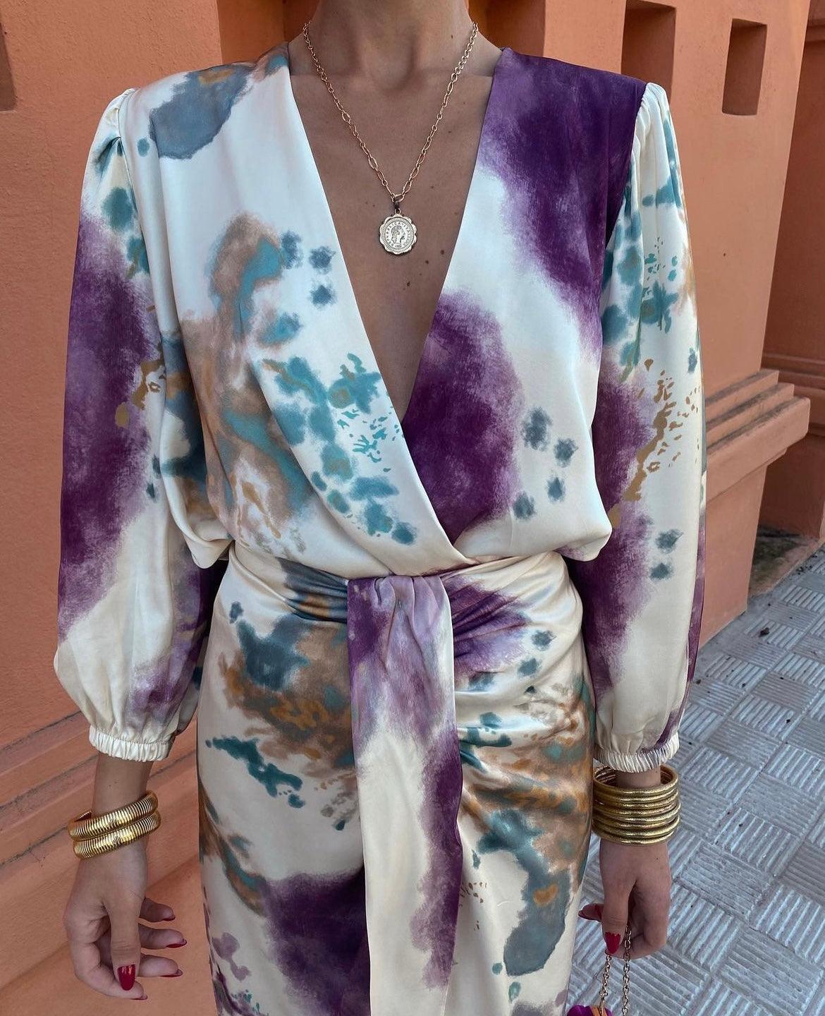 Vestido midi mujer fluido con cinturón escote en V