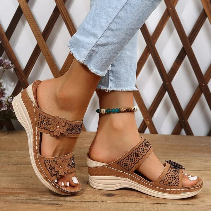 Sandalias Mujer con Cuña y Tiras Florales Transpirables