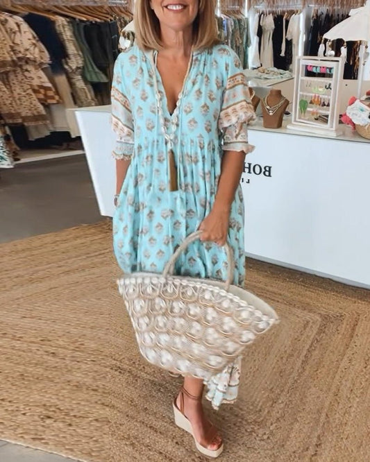 Vestido midi mujer de tejido ligero con lazos y flecos bohemio - Mavetta