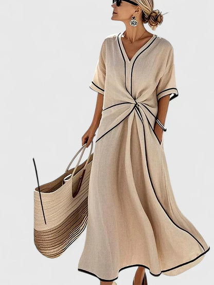 Vestido maxi mujer ligero escote en V detalle fruncido cintura
