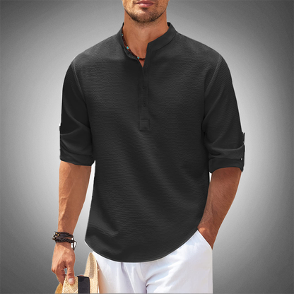 Camisa Hombre Textura Manga Larga Cuello Mao