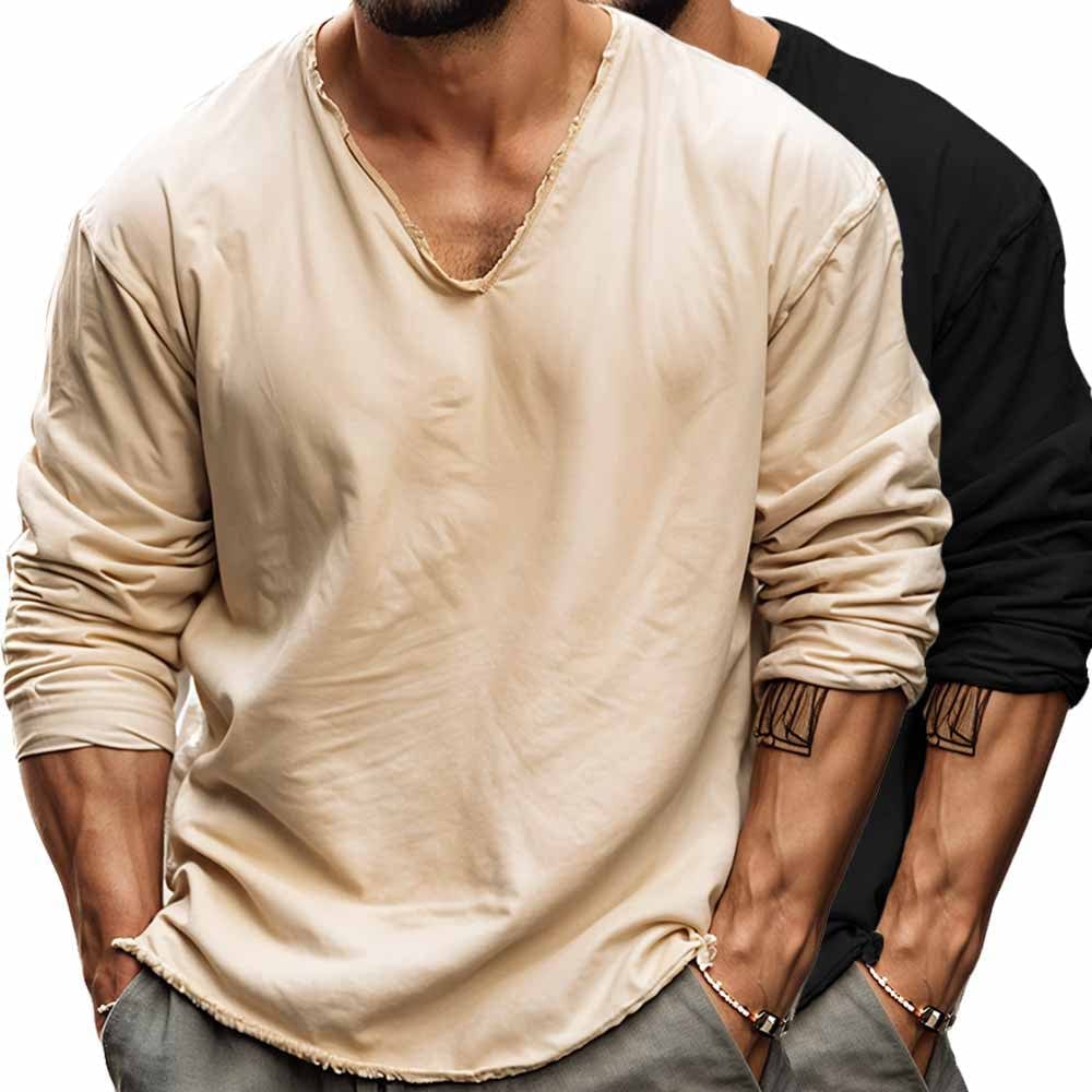 Camisa Hombre Ligera Manga Larga Escote en V Relax Fit