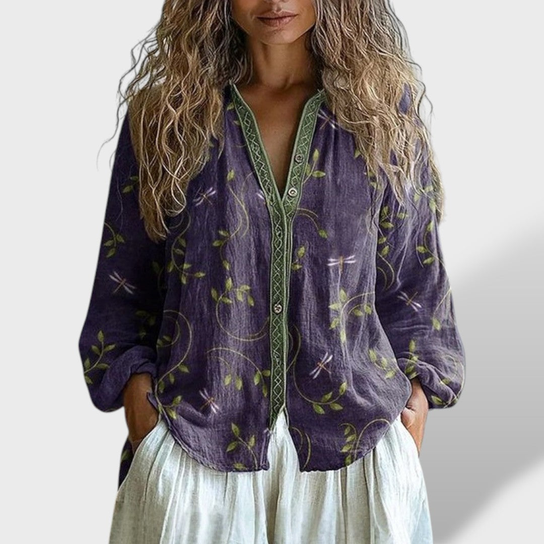 Blusa Mujer Vintage Estampado Hojas Ajuste Suelto