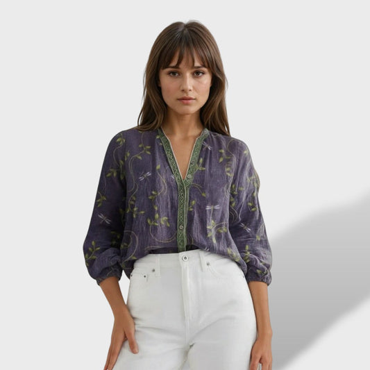 Blusa Mujer Vintage Estampado Hojas Ajuste Suelto - Mavetta