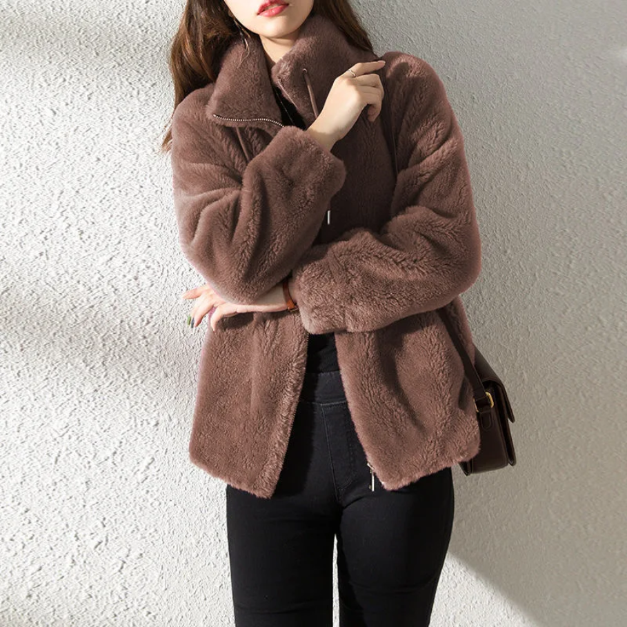 Chaqueta Mujer Teddy Cuello Alto Cremallera Moderna