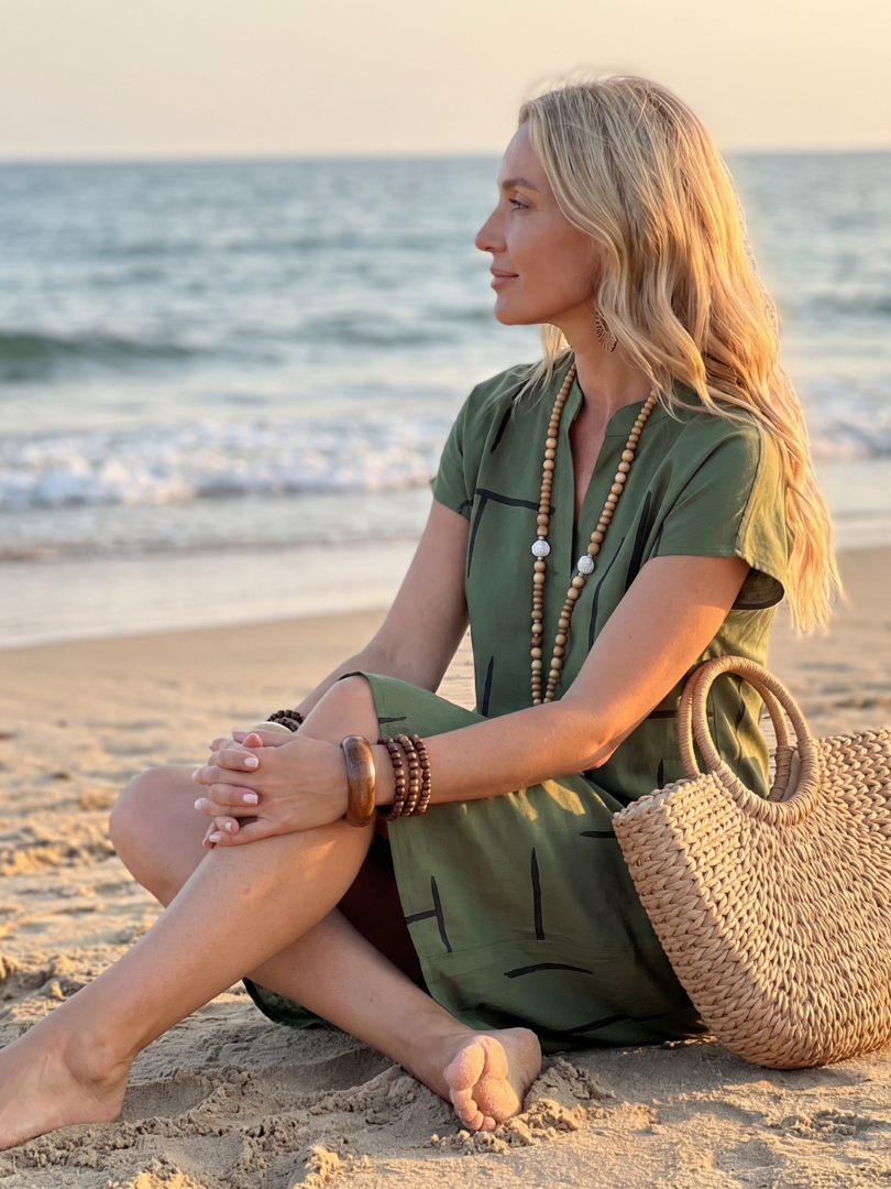 Vestido midi mujer algodón lino escote en V casual verano