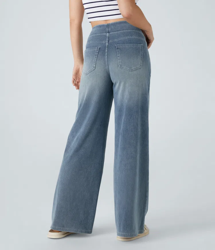 Pantalones mujer denim elástico talle alto pierna ancha moldeadores
